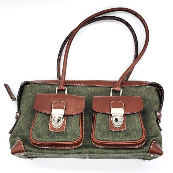 Dooney & Bourke Handbags - Dooney & Bourke Green Signature Logo Canvas Leather Double Pocket Tote Bag Purse